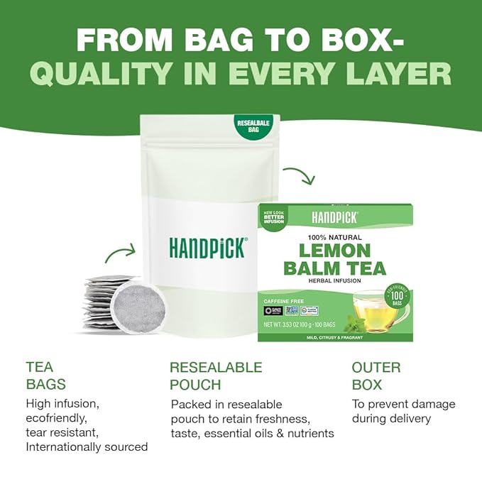 HANDPICK Lemon Balm Tea Bags ??100 Count | 100% Pure Natural Dried Lemon Balm Herb | Caffeine-Free