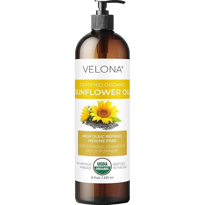 velona USDA Certified Organic Sunflower Oil - 8 Fl Oz | 100% Pure and Natural Carrier Oil | High
