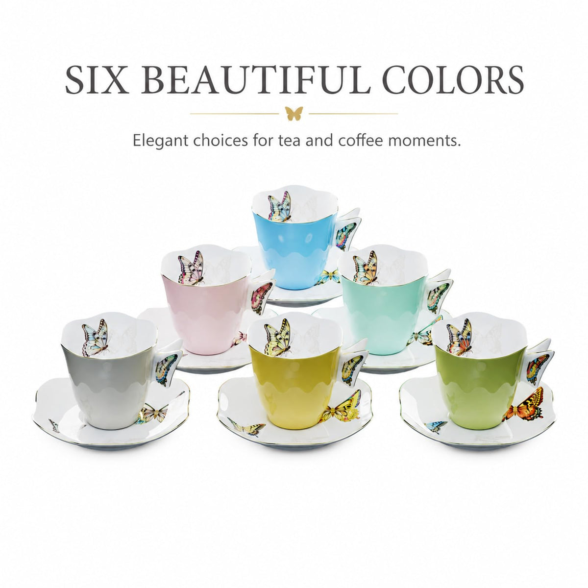 Solidith 8 Oz Espresso Cups With Saucers Set Of 6,Butterfly Ceramic Cups