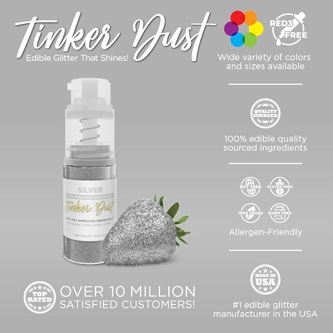 Bakell - Silver Tinker Dust (4g, 1x Mini Spray Pump) Edible Glitter for Food, Desserts, and