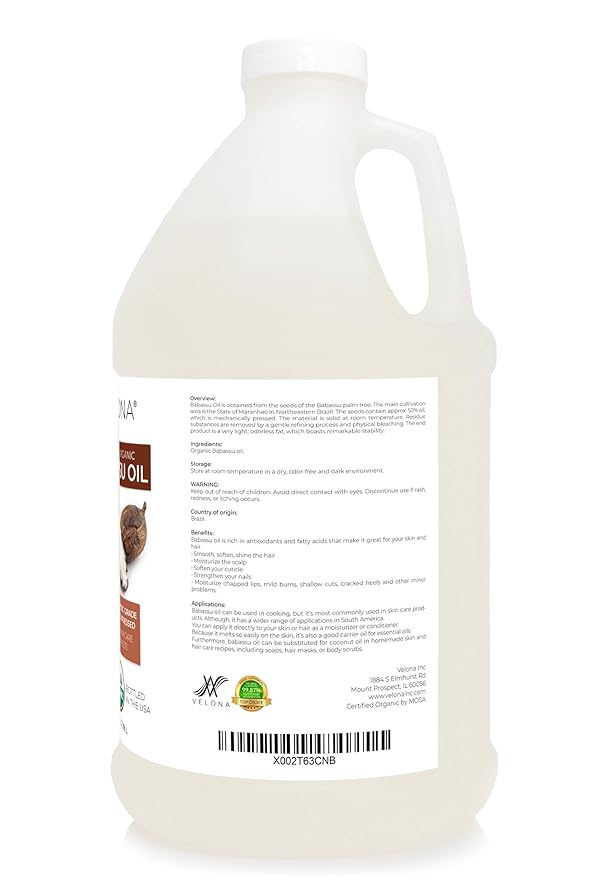 velona Babassu Oil USDA Certified Organic - 1 Gallon / 128 Fl Oz | 100% Pure and Natural Carrier