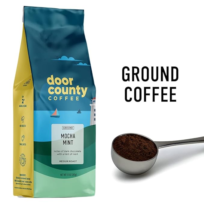 Door County Coffee Mocha Mint Flavored Ground Coffee - Medium Roast - 10 oz Bag - 100% Specialty