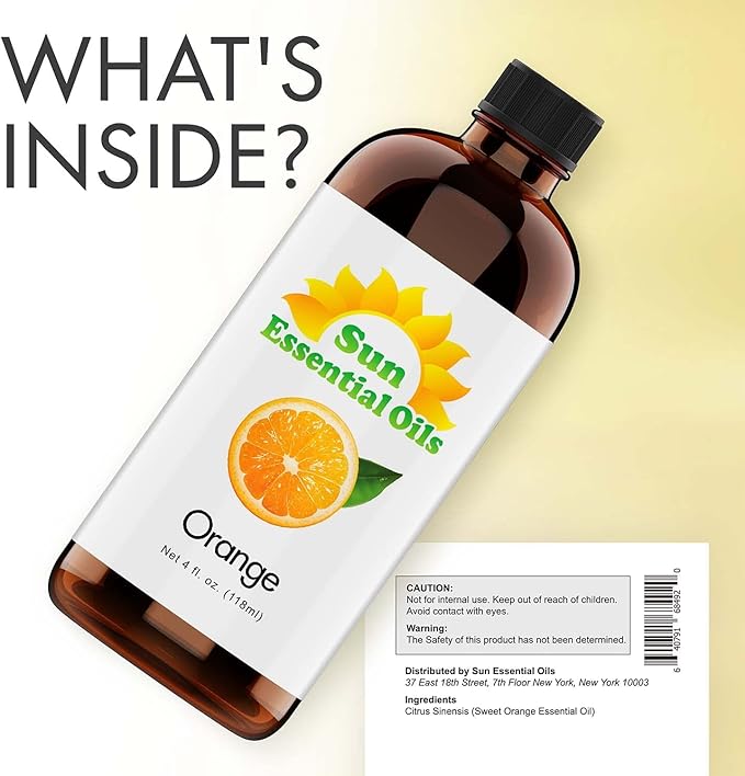 Sun Essential Oils - Sweet Orange Essential Oil 4 oz with Dropper for Diffusers, Hair, Skin Care