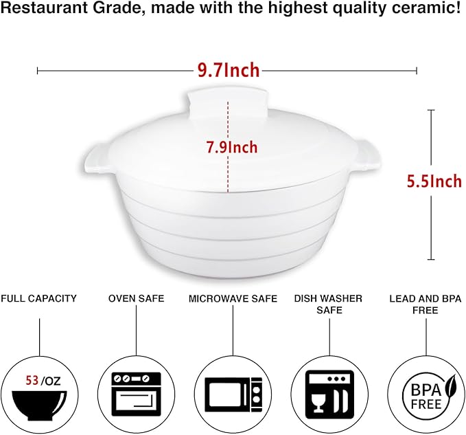 Casserole Dish 1.32 Quart French White Ceramic Bakeware Set with Lids, Chip and Crack Resistant