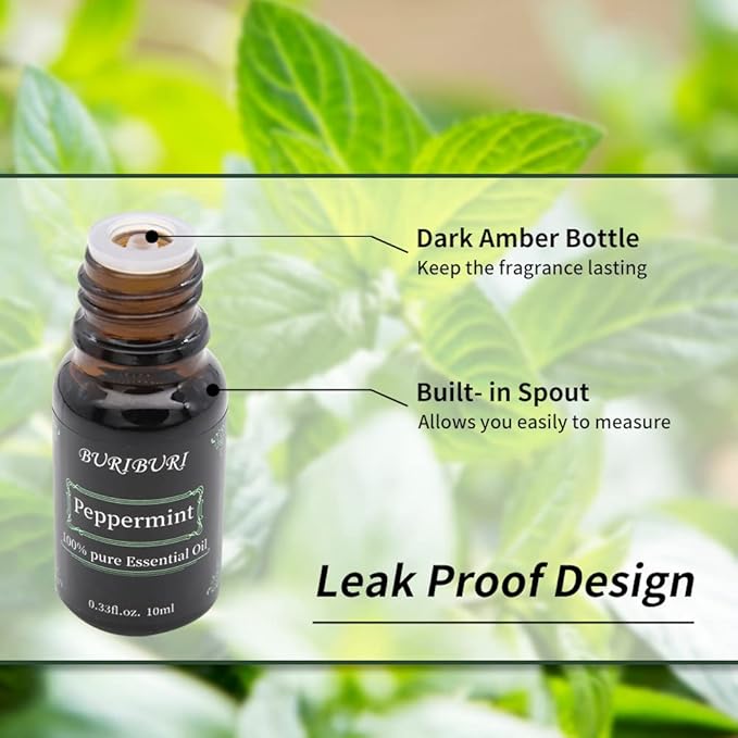 BURIBURI Peppermint Essential Oil 100% Pure, Undiluted, Natural, Organic Aromatherapy Mint