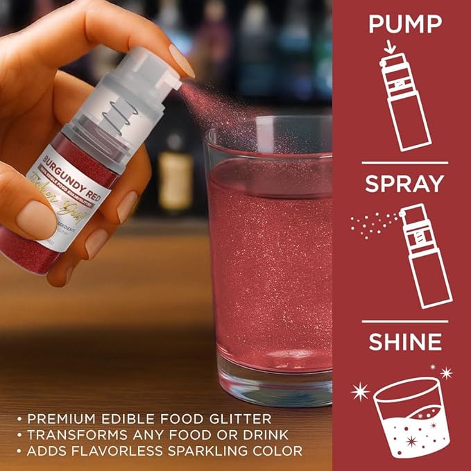 Bakell - Burgundy Red Tinker Dust (4g, 1x Mini Spray Pump) Edible Glitter for Food, Desserts, and
