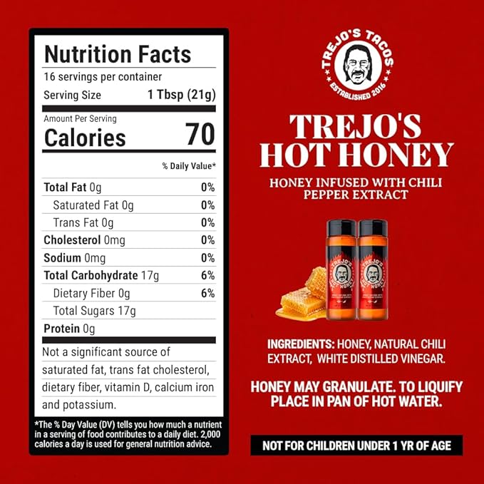 Trejo's Tacos Hot Honey | Sweet and Spicy Honey Hot Sauce | Infused with Chili Pepper Extract |