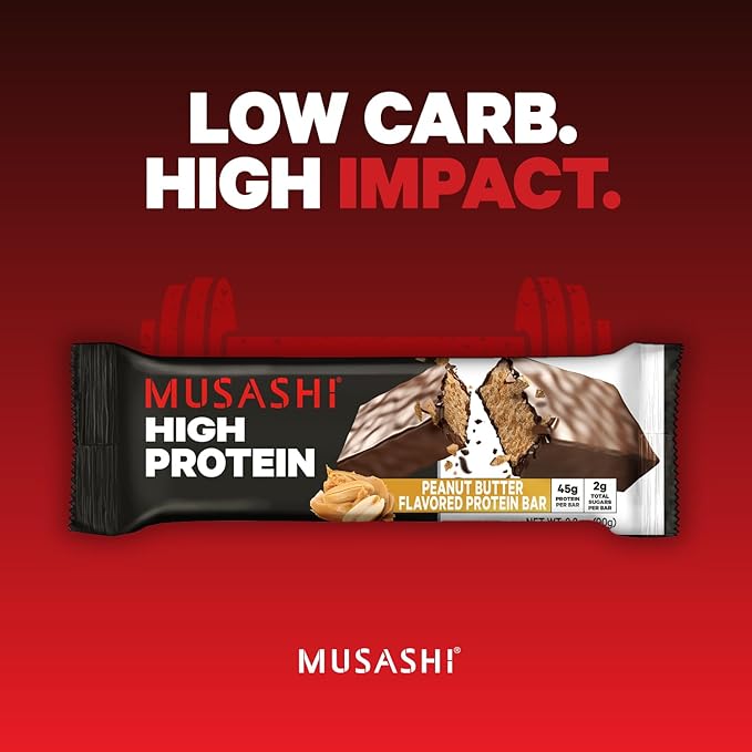 MUSASHI High Protein Bar, 45g Protein, 2g Total Sugars, Peanut Butter & Milk Chocolate Coated, Post