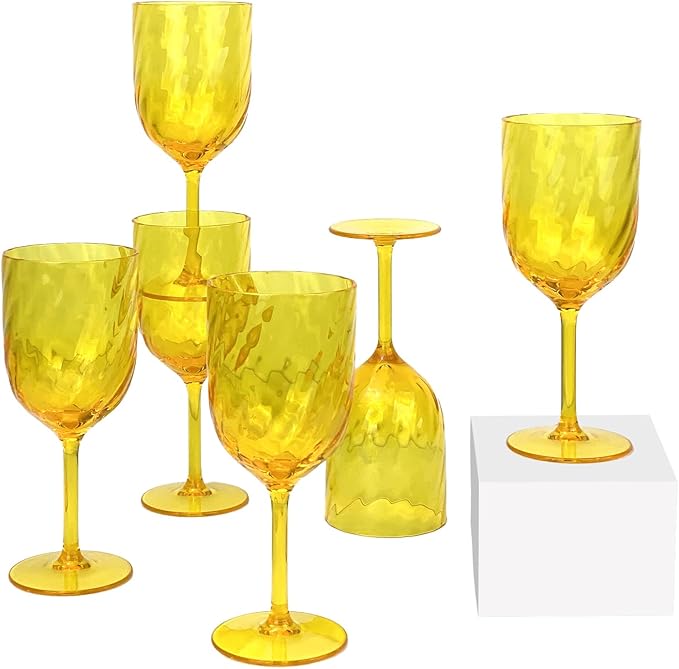 Yalin Set of 6 Unbreakable 15 oz Acrylic Plastic Wine and Water Tumbler Stackable Goblets. (Yellow