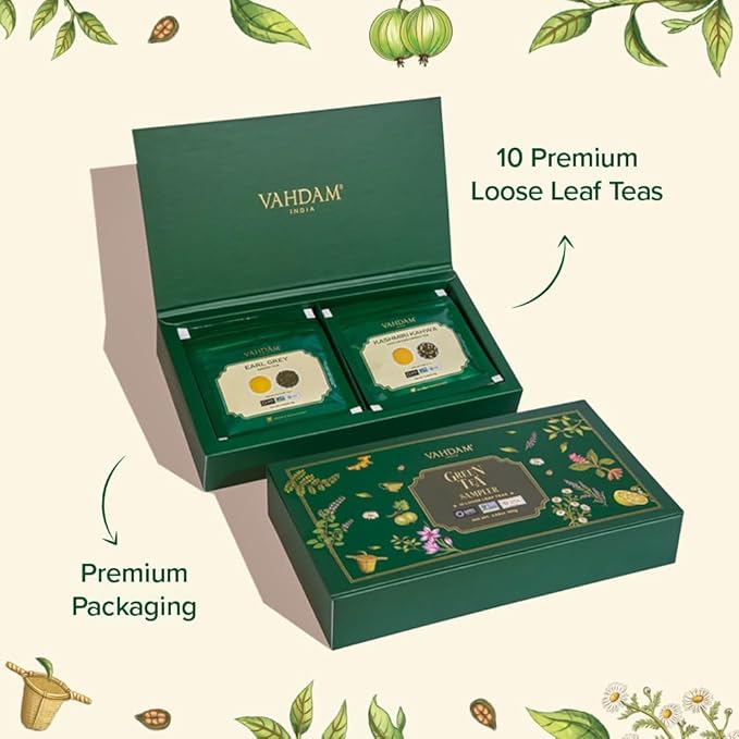 VAHDAM, Assorted Green Tea Loose Leaf Tea Gift Set (10 Flavors) Gift Ideas for Women & Men | Exotic