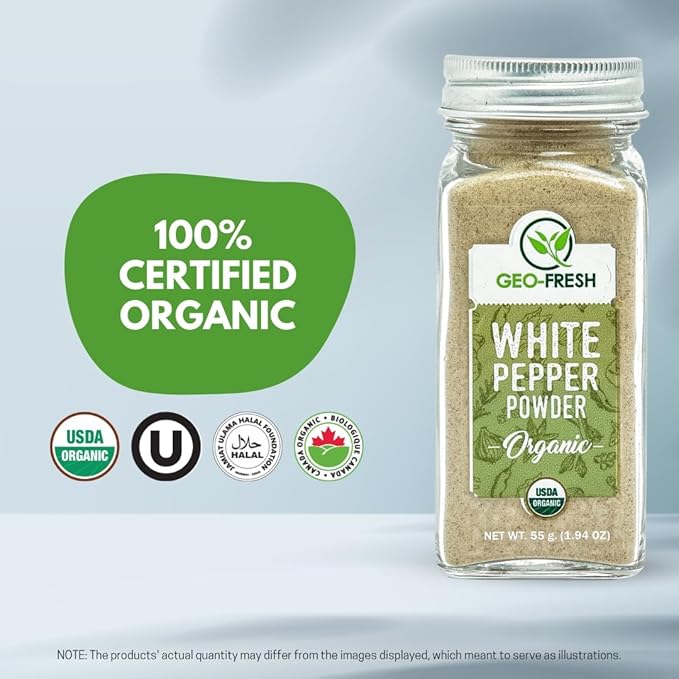 Geo-Fresh Organic White Pepper Ground ??1.94 oz Glass Jar ??White Pepper Powder ??USDA Certified