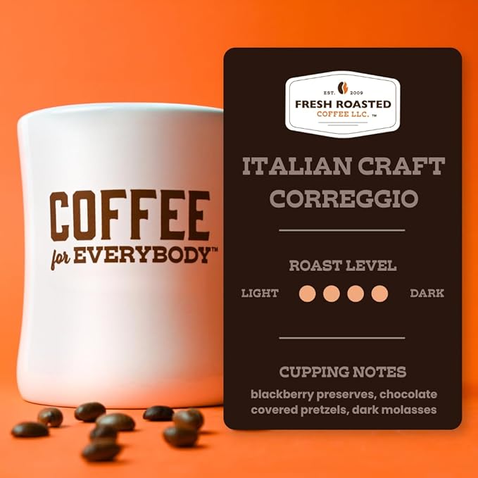 Fresh Roasted Coffee, Correggio Italian Craft Artisan Blend, Dark Roast, Kosher, 24 Pods for K cup
