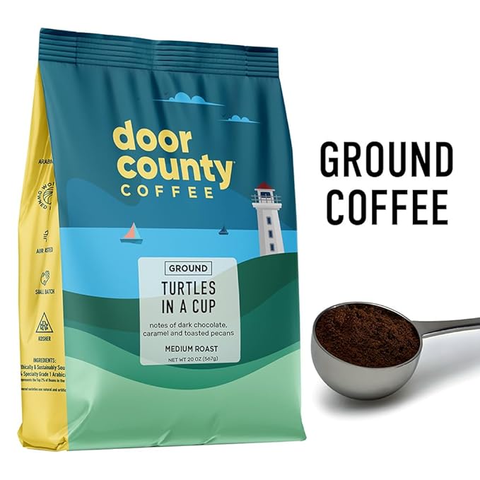 Door County Coffee, Turtles in a Cup, Toasted Pecans & Chocolate Flavored Coffee, Medium Roast