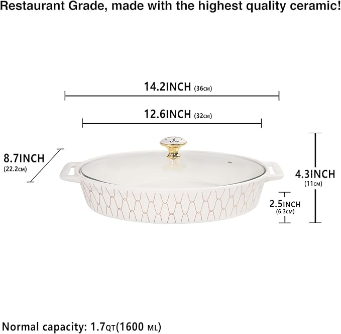12" x 8" Ceramic Oval Casserole Dish with Glass Lid, 1.7 QT Serving Soup Tureen,Chafing Dish for