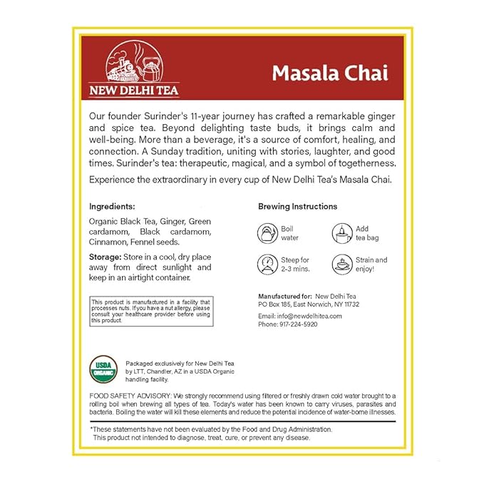 New Delhi Tea’s Premium Masala Chai Tea Bags | Organic Black Tea | Masala Chai Tea With Ginger