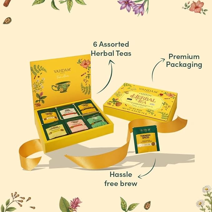 VAHDAM, Assorted Herbal Tea Variety Pack (6 Variants, 36 Tea Bags) Caffeine Free, Gluten Free, Non