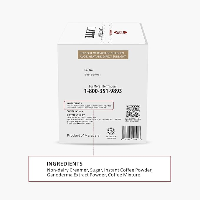 GANOHERB Reishi Mushroom Latte Coffee Powder, 4 in 1 Instant Arabica Coffee with Organic Ganoderma
