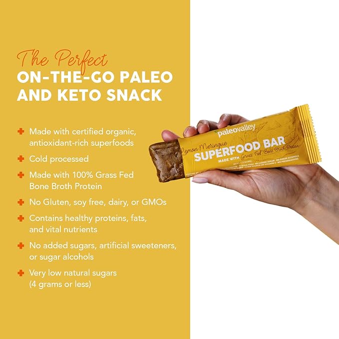 Paleovalley Superfood Bars – Lemon Meringue– 12 Pack – 9g Protein per Bar – Gluten-Free