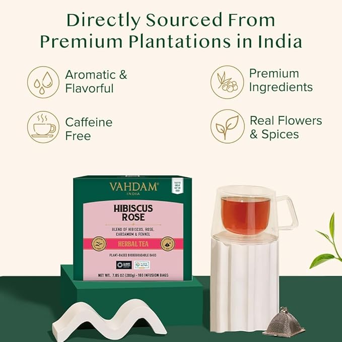 VAHDAM, Hibiscus Rose Tea Bags - 100% Whole Hibiscus Flowers Herbal Tea Bags (100 Count) With Rose