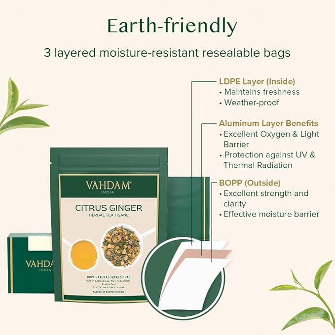 VAHDAM, Citrus Ginger Herbal Tea Tisane (50 Cups, 3.53 oz) Gluten Free, Non GMO | Ginger