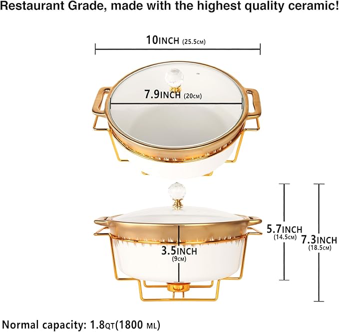 Ceramic Casserole Dish with rack and Glass Lid, 1.8 Qt Round Serving Soup Tureen with Handle