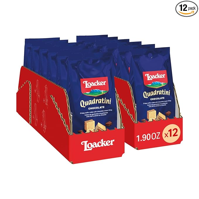 Loacker Quadratini Chocolate Bite-Size Wafer Cookies, Crispy Wafers with 4 Creamy Layers of