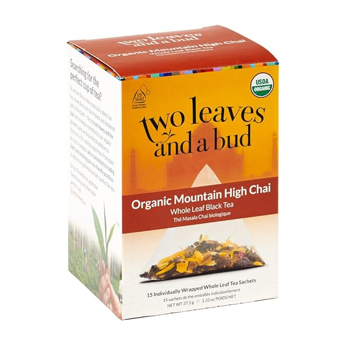 Two Leaves and a Bud Organic Mountain High Chai Tea Bags, Whole Leaf Black Tea and Spices in