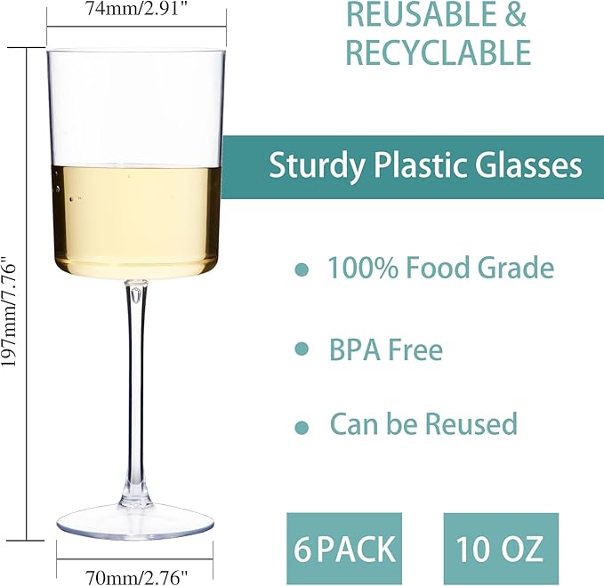 Ciaell 6 Pack Plastic Wine Glasses - 10 Oz Plastic Disposable Wine Glasses with Stem Perfect for