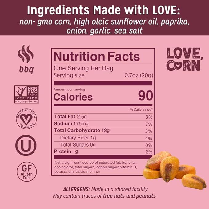 LOVE CORN BBQ 0.7oz x 20 Bags - Delicious Crunchy Corn - Healthy Family Snacks - Gluten Free