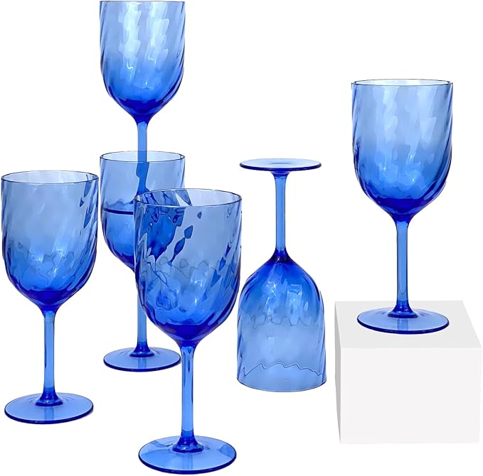 Yalin Set of 6 Unbreakable 15 oz Acrylic Plastic Wine and Water Tumbler Stackable Goblets. (Blue