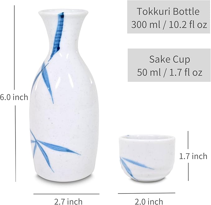 Product of Gifu Japan Japanese Sake Set, 1 Tokkuri Bottle Carafe and 4 Ochoko Cups Ceramic Sake