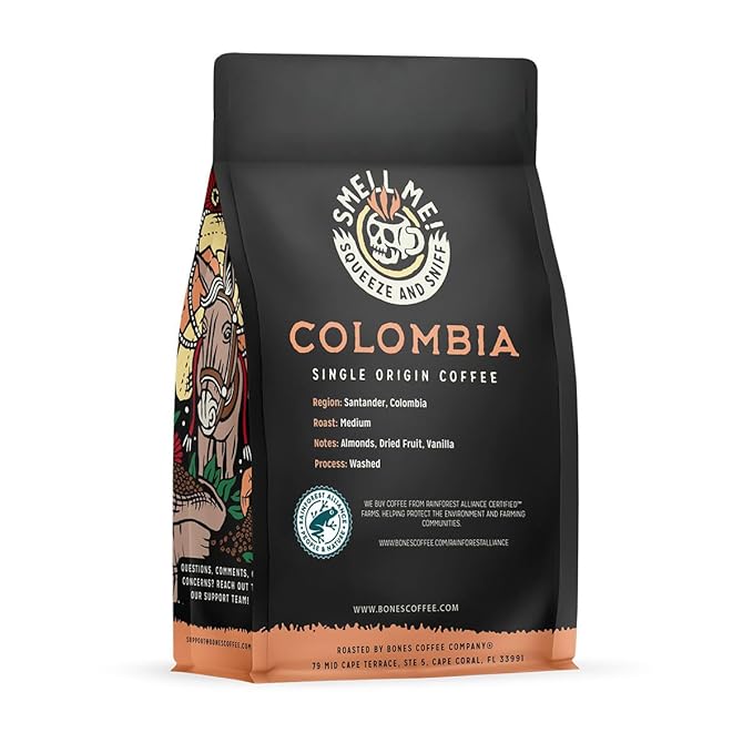 Bones Coffee Company Colombia Single-Origin Coffee, Almonds, Dried Fruit, Vanilla Notes, Flavored