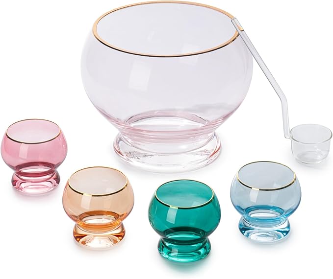 Colorful 1.7 Gallon Punch Bowl with 4 10oz Glasses Set with Ladle Gift For Mothers Day, Her, Wife