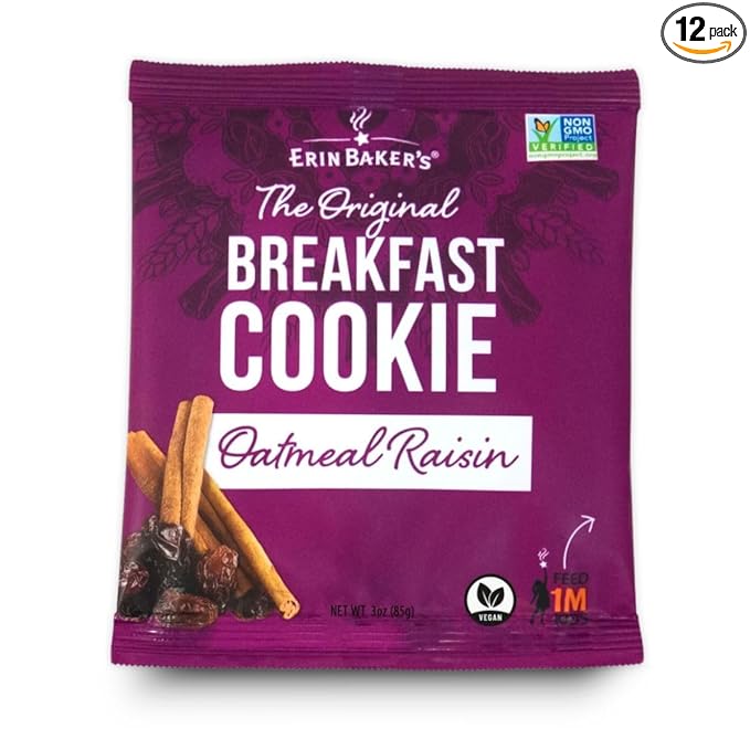 Erin Baker's Breakfast Cookies - Oatmeal Raisin, Whole Grain, Non-GMO, Naturally Sweetened, Healthy