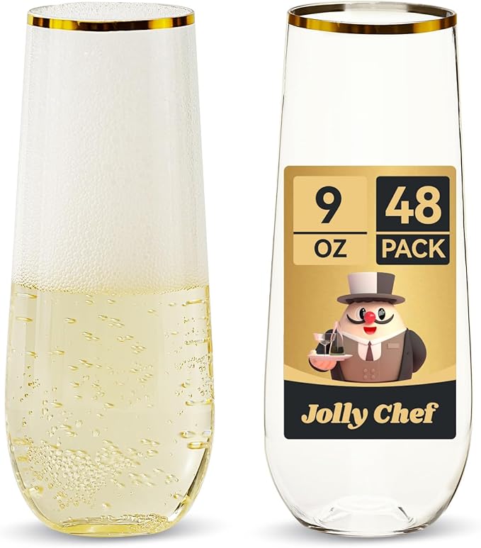JOLLY CHEF 48 Pack Plastic Champagne Flutes, 9 oz Clear Stemless Champagne Flutes, Plastic