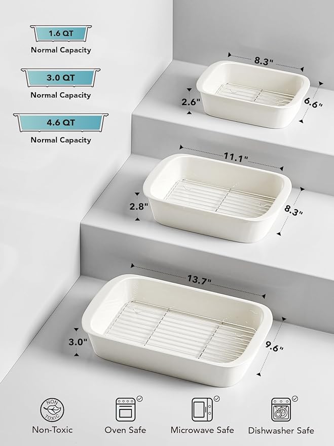 LE TAUCI Deep Casserole Dishes for Oven, 13.7???.6??Ceramic Baking Dish Set with Roasting Racks