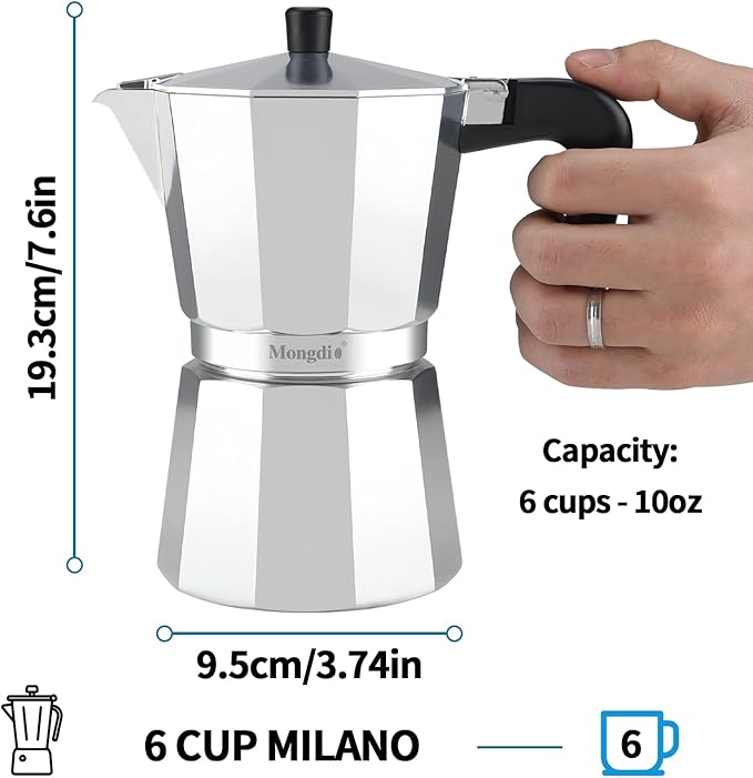 Mongdio Stovetop Espresso Maker Moka Pot, Stove Top Cuban Coffee Maker, Italian Greca Mocha Pot, 6