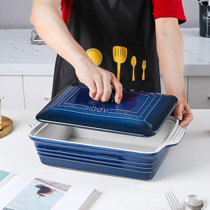 KOOV Ceramic Casserole Dish With Lid, Covered Rectangular Set, Lasagna Pan for Cooking, Baking Dish