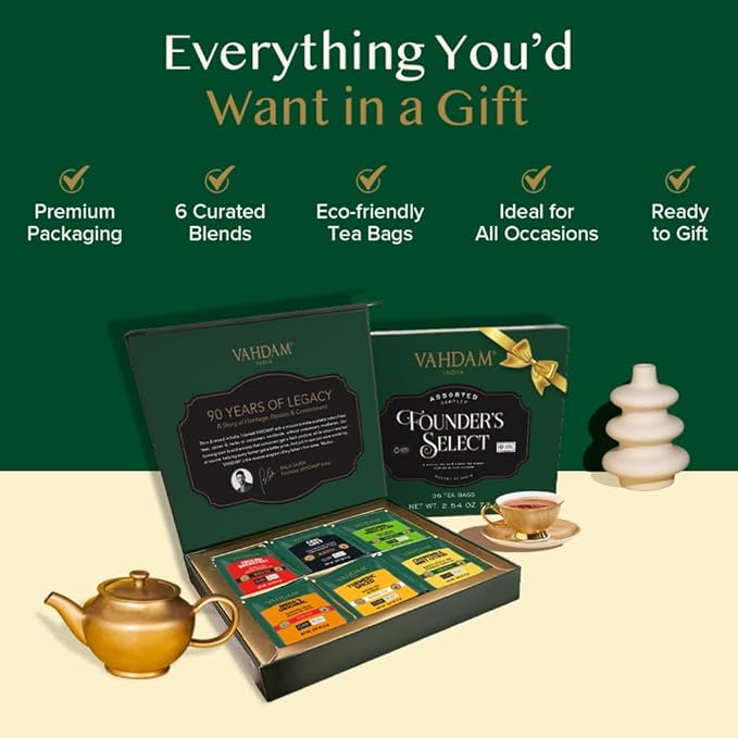 VAHDAM, Assorted Tea Gift Set (6 Varieties, 36 Tea Bags) - Variety Pack - Black, Green, Chai and