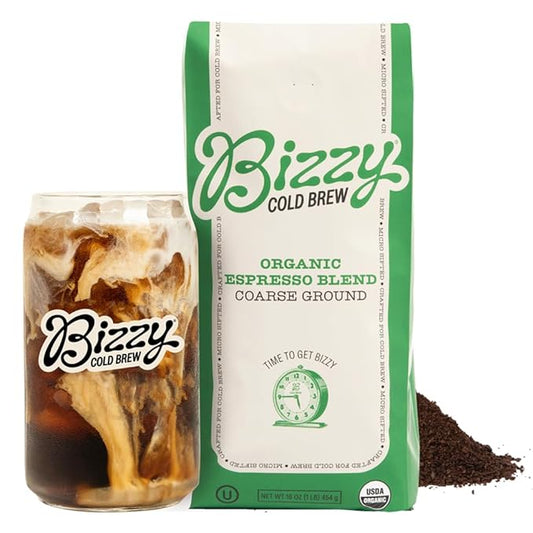 Bizzy Organic Cold Brew Coffee | Espresso Blend | Coarse Ground Coffee | Medium-Dark Roast | Micro