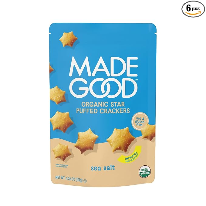 MadeGood Star Puffed Crackers, Sea Salt, 6 Bags (4.26oz Each) Gluten Free and Organic, Healthy