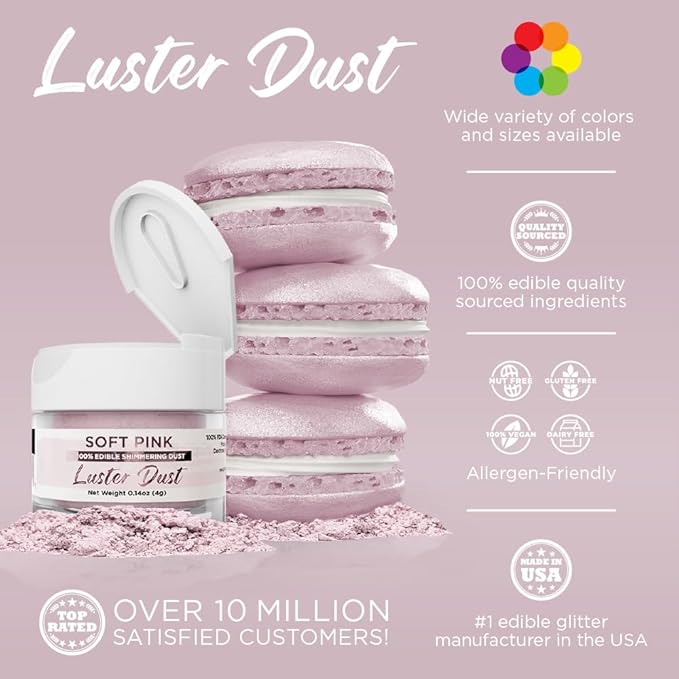 Luster Dust - Soft Pink (4g 1x Jar) | Edible Vegan Dust & Paint for Cake Decorating, Ice Cream