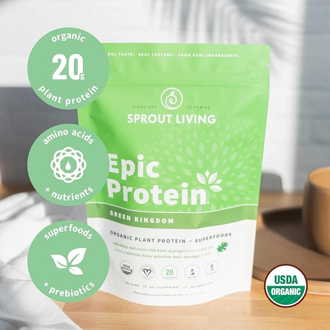 Sprout Living Epic Protein, Plant Based Protein & Superfoods Powder, Green Kingdom | 20 Grams