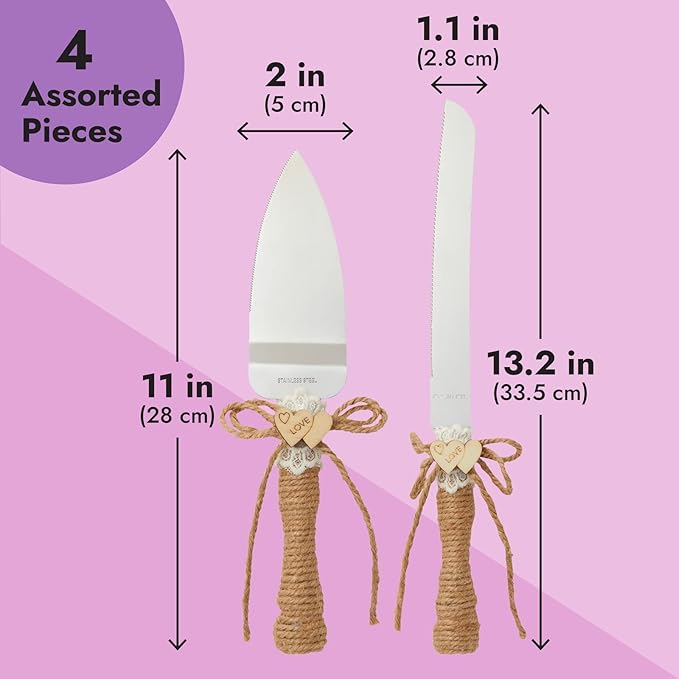 Juvale Wedding Decor Rustic Cake Knife & Server Set with Champagne Flutes - Brown Wood Handles