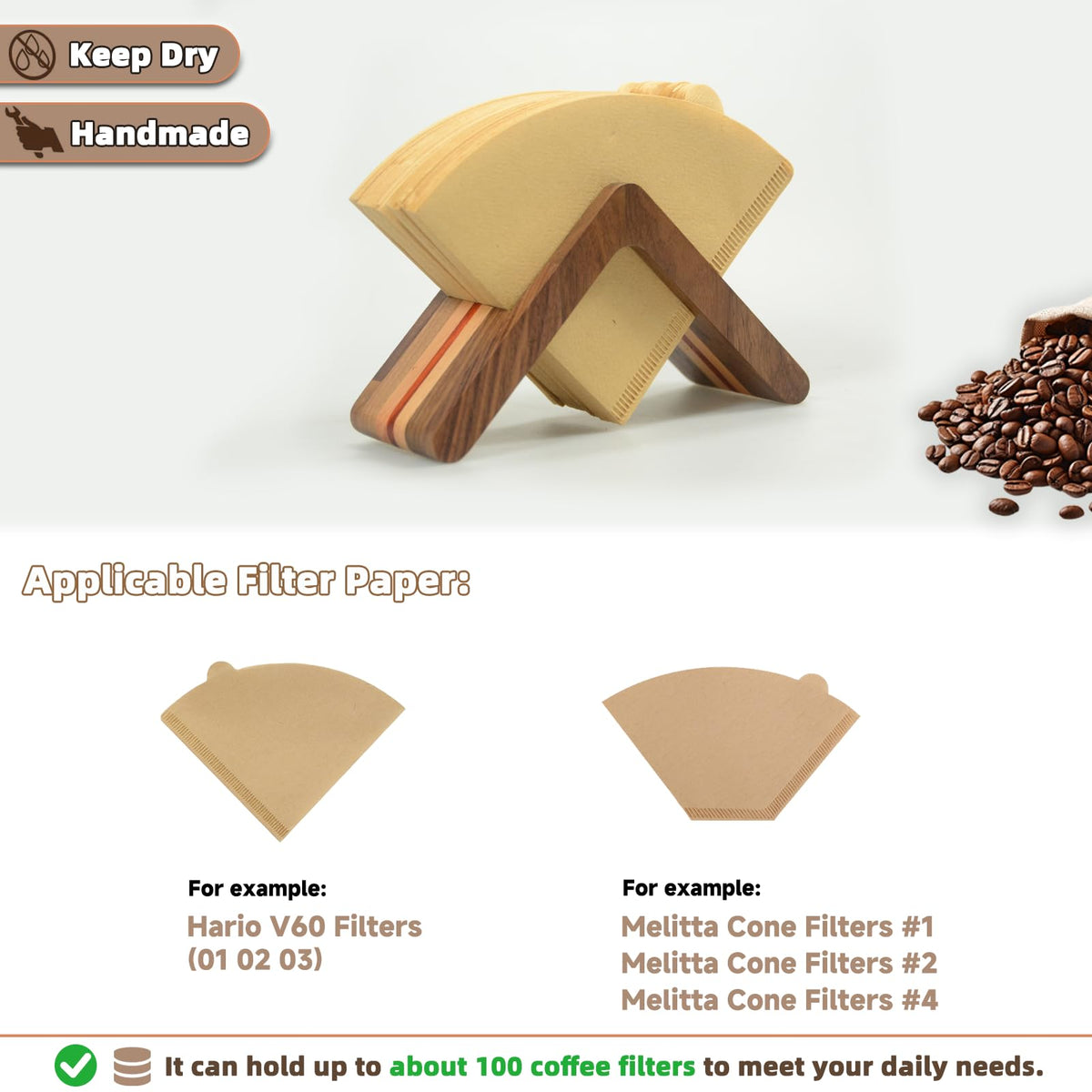 XIFOWE Wooden Coffee Filter Holder, #1#2#4 V60 Cone Coffee Filters