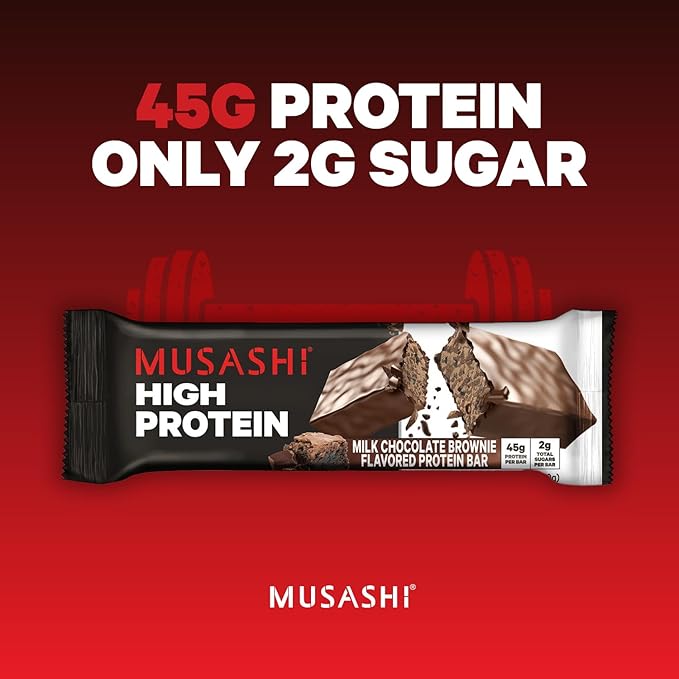 MUSASHI High Protein Bar, 45g Protein, 2g Total Sugars, Milk Chocolate Brownie, Post Workout and