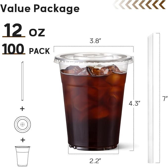 AOZITA 100 Pack 12 oz Clear Plastic Cups with Lids and Straws, Disposable Iced Coffee Cups for Cold