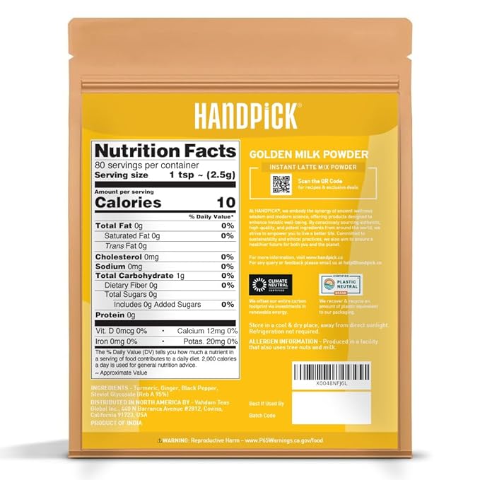 HANDPICK Golden Milk Powder with Turmeric - (7oz, 80 servings) Instant Latte Mix | Blend of Ginger