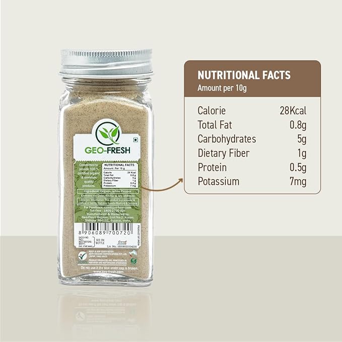 Geo-Fresh Organic White Pepper Ground ??1.94 oz Glass Jar ??White Pepper Powder ??USDA Certified