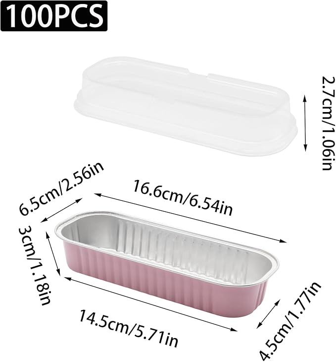 100 Pack 6.8oz Aluminum Cake Pans with Lids Rectangle Mini Loaf Pans Baking Cups Disposable Cupcake